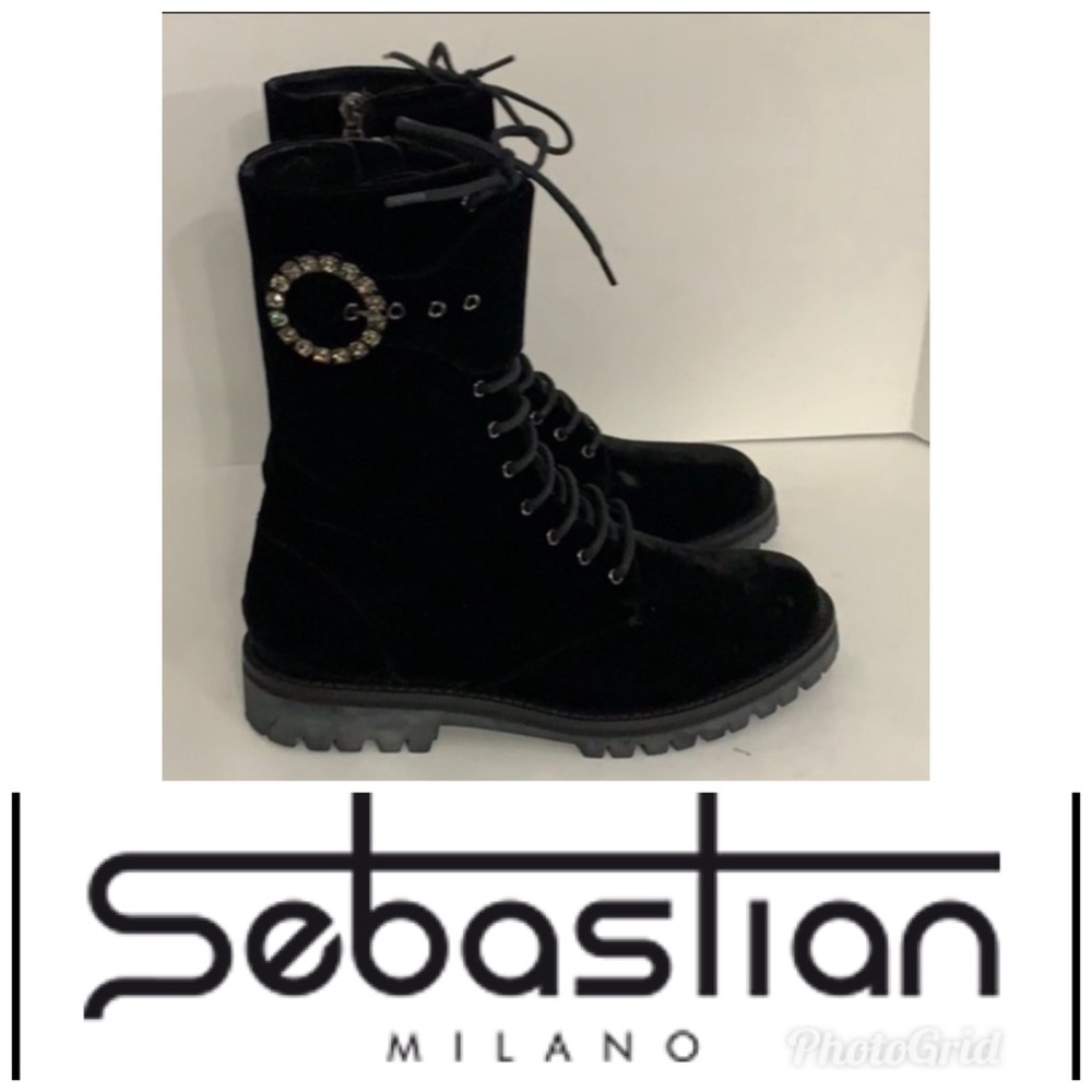 New Sebastian black velvet lace up jeweled boots.